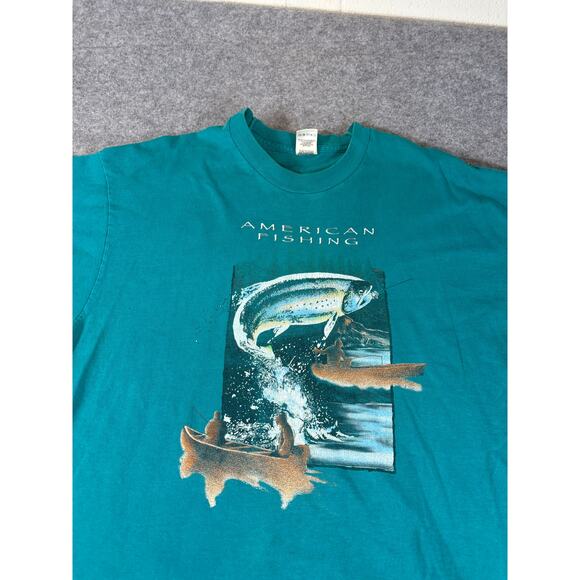 VINTAGE American Fishing Shirt Mens XL Blue Graphic Short Sleeve Tee Streetwear - Picture 4 of 6